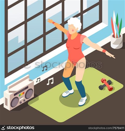 Longevity isometric background with modern elderly woman in suit for fitness doing physical exercises under musical accompaniment vector illustration