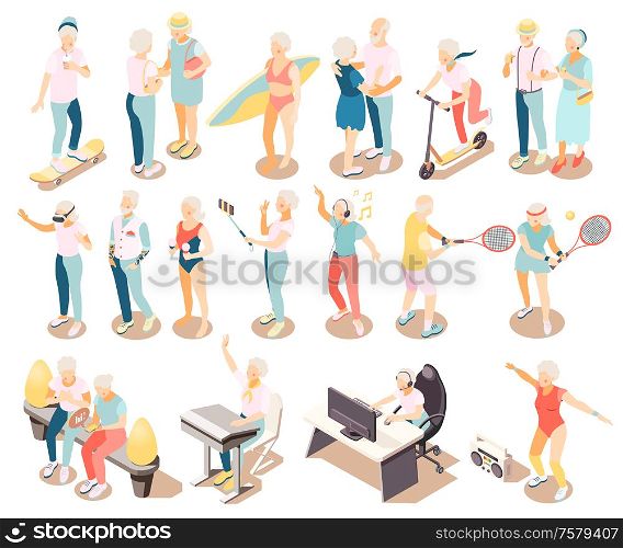 Longevity isometric icons set of modern elderly people meeting for communication dancing riding on skate playing sport games isolated vector illustration