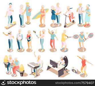 Longevity isometric icons set of modern elderly people meeting for communication dancing riding on skate playing sport games isolated vector illustration