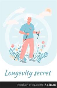 Longevity secret poster flat vector template. Elderly woman exercise for wellbeing. Brochure, booklet one page concept design with cartoon characters. Women health care flyer, leaflet. Longevity secret poster flat vector template