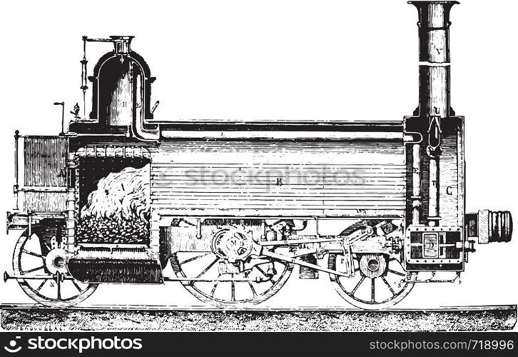 Longitudinal section of a locomotive, vintage engraved illustration. Industrial encyclopedia E.-O. Lami - 1875.