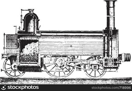 Longitudinal section of a locomotive, vintage engraved illustration. Industrial encyclopedia E.-O. Lami - 1875.