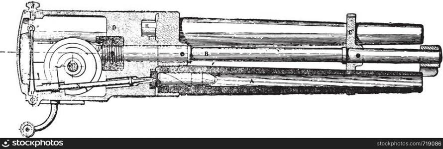 Longitudinal section of the Hotchkiss gun-revolver mechanism, vintage engraved illustration. Industrial encyclopedia E.-O. Lami - 1875.