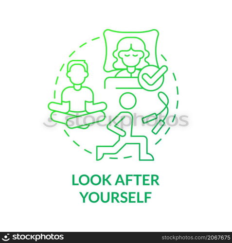 Look after yourself green gradient concept icon. Well balanced and active lifestyle abstract idea thin line illustration. Isolated outline drawing. Roboto-Medium, Myriad Pro-Bold fonts used. Look after yourself green gradient concept icon