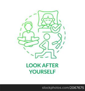 Look after yourself green gradient concept icon. Well balanced and active lifestyle abstract idea thin line illustration. Isolated outline drawing. Roboto-Medium, Myriad Pro-Bold fonts used. Look after yourself green gradient concept icon