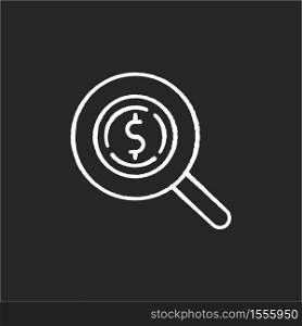 Look for money chalk white icon on black background. Search for investment. Magnifying glass with dollar sign. Monetary gain. Financial operation. Isolated vector chalkboard illustration. Look for money chalk white icon on black background