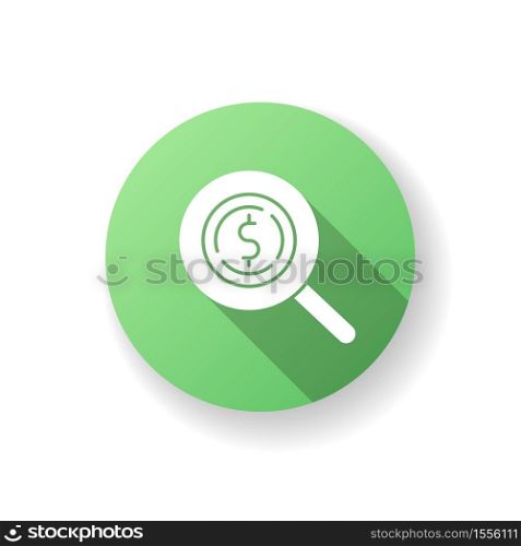 Look for money green flat design long shadow glyph icon. Search for investment. Monetary gain. Zoom on coin. Discover cash. Financial operation. Inspect income. Silhouette RGB color illustration. Look for money green flat design long shadow glyph icon