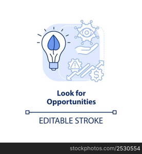 Look for opportunities blue light concept icon. Key step to energy strategy abstract idea thin line illustration. Isolated outline drawing. Editable stroke. Arial, Myriad Pro-Bold fonts used. Look for opportunities blue light concept icon