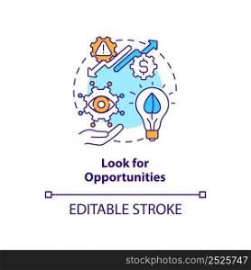 Look for opportunities concept icon. Key step to energy strategy abstract idea thin line illustration. Reducing emissions. Isolated outline drawing. Editable stroke. Arial, Myriad Pro-Bold fonts used. Look for opportunities concept icon