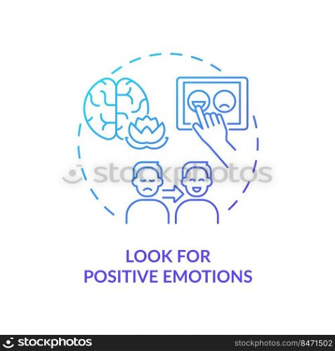 Look for positive emotions blue gradient concept icon. Self control. Strategy for emotional regulation abstract idea thin line illustration. Isolated outline drawing. Myriad Pro-Bold font used. Look for positive emotions blue gradient concept icon