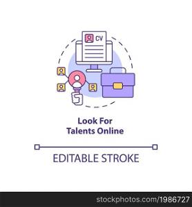 Look for talents online concept icon. Attracting talents abstract idea thin line illustration. Seeking for candidates on social media. Vector isolated outline color drawing. Editable stroke. Look for talents online concept icon