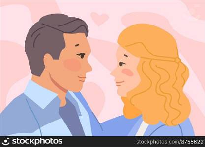 Look of couple lovers. Amused woman and man before sweet kiss, romantic pleasure love pair partners vector illustration. Woman and man relationship love. Look of couple lovers. Amused woman and man before sweet kiss, romantic pleasure love pair partners vector illustration