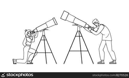 look through telescope vector. sky, astronomy looking, one person, watching discovery, night look through telescope character. people Illustration. look through telescope vector