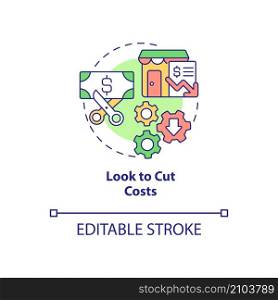 Look to cut costs concept icon. Budgeting for small business abstract idea thin line illustration. Isolated outline drawing. Editable stroke. Roboto-Medium, Myriad Pro-Bold fonts used. Look to cut costs concept icon