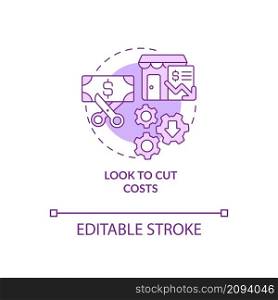 Look to cut costs purple concept icon. Budgeting for small business abstract idea thin line illustration. Isolated outline drawing. Editable stroke. Roboto-Medium, Myriad Pro-Bold fonts used. Look to cut costs purple concept icon