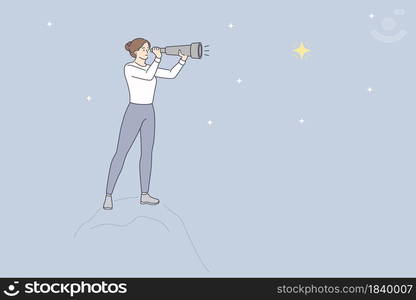 Looking at stars with binoculars concept. Young woman cartoon character standing looking at stars on sky through binoculars vector illustration . Looking at stars with binoculars concept.