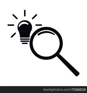 Looking for an idea. Magnifier and lightbulb icon. Vector illustration isolated on white background.