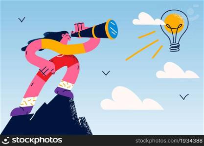 Looking for Business Innovative ideas concept. Young smiling business woman cartoon character standing looking for great idea with light bulb on top vector illustration . Looking for Business Innovative ideas concept