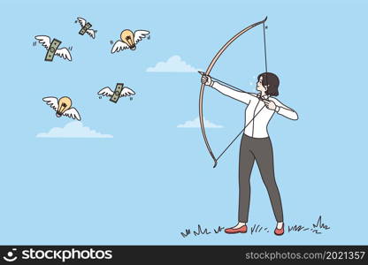 Looking for ideas and money concept. Young business woman standing and shooting bow trying to reach flying dollars and innovations as birds vector illustration . Looking for ideas and money concept.