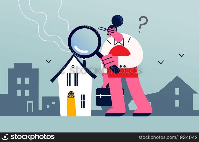 Looking for real estate concept. Young positive woman cartoon character standing with magnifier and making research of apartment for rent or buy vector illustration . Looking for real estate concept.