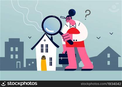 Looking for real estate concept. Young positive woman cartoon character standing with magnifier and making research of apartment for rent or buy vector illustration . Looking for real estate concept.