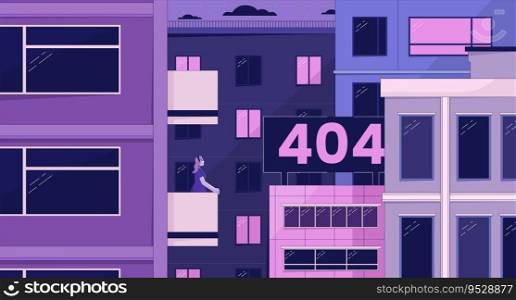 Looking on city error 404 flash message. Observation desk. Website landing page ui design. Not found cartoon image, dreamy vibes. Vector flat illustration concept with 90s retro background. Looking on city error 404 flash message
