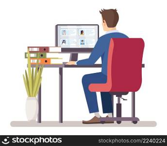 Looking through applicants resumes semi flat RGB color vector illustration. Male hiring manager isolated cartoon character on white background. Looking through applicants resumes semi flat RGB color vector illustration