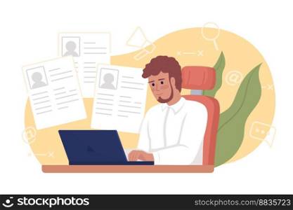 Looking through CVs 2D vector isolated illustration. HR manager reviewing candidate resumes flat character on cartoon background. Colorful editable scene for mobile, website, presentation. Looking through CVs 2D vector isolated illustration