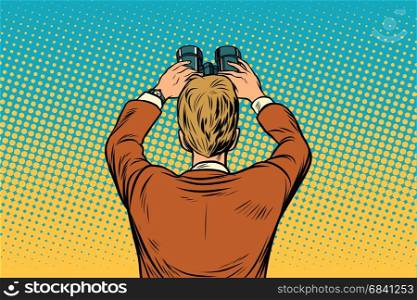 Lookout businessman with binoculars. Pop art retro vector illustration drawing. Lookout businessman with binoculars