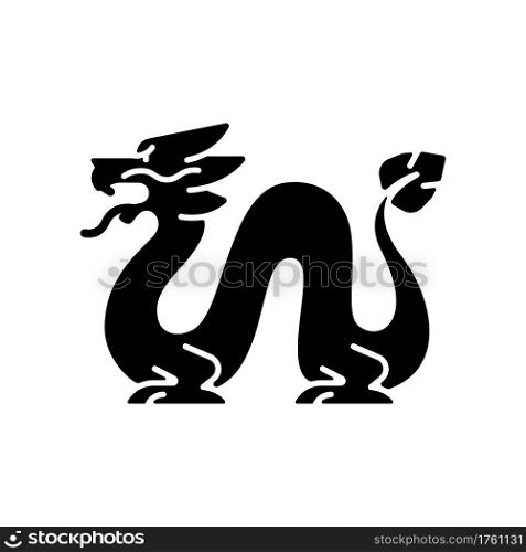 Loong dragon black glyph icon. Ancient Chinese traditions. Mythological creature. Lunar New Year celebration festival. Feng shui. Silhouette symbol on white space. Vector isolated illustration. Loong dragon black glyph icon