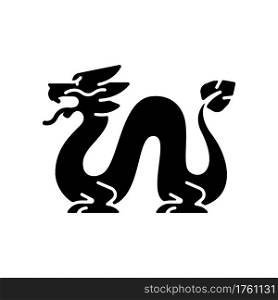 Loong dragon black glyph icon. Ancient Chinese traditions. Mythological creature. Lunar New Year celebration festival. Feng shui. Silhouette symbol on white space. Vector isolated illustration. Loong dragon black glyph icon