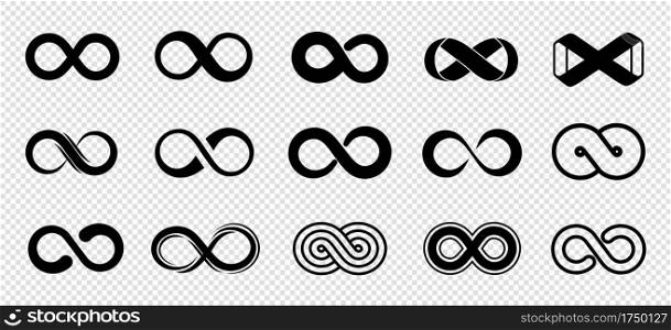 Loop symbols. Infinity vector icons set. Black mobius loop collection. Curve endless, infinity and eternity, unlimited future icon illustration. Loop symbols. Infinity vector icons set. Black mobius loop collection