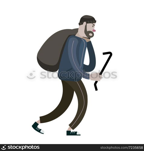 Looter with crowbar and bag. Robber, scrap, criminal character. Looter with crowbar and bag. Robber, scrap, criminal character. Vector illustration isolated cartoon flat style