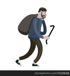 Looter with crowbar and bag. Robber, scrap, criminal character. Looter with crowbar and bag. Robber, scrap, criminal character. Vector illustration isolated cartoon flat style