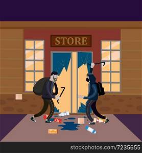 Looters with crowbar and bag make a store robbery, broken door, night. Looters with crowbar and bag make a store robbery, broken door, night. Robbers, scrap, criminal characters, crime scene. Vector illustration isolated cartoon flat style