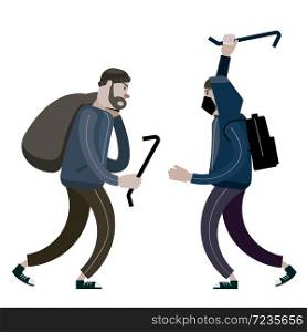 Looters with crowbar and bag. Robbers, scrap, criminal characters. Looters with crowbar and bag. Robbers, scrap, criminal characters. Vector illustration isolated cartoon flat style