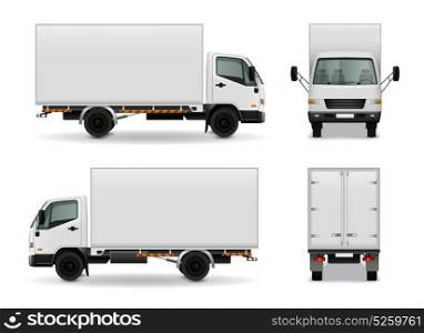 Lorry Realistic Advertising Mockup. Lorry with blank surface realistic advertising mockup side view, front and rear on white background vector illustration
