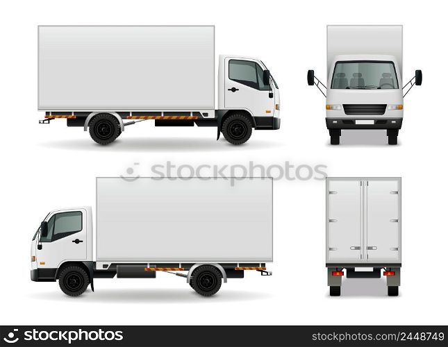 Lorry with blank surface realistic advertising mockup side view, front and rear on white background vector illustration. Lorry Realistic Advertising Mockup
