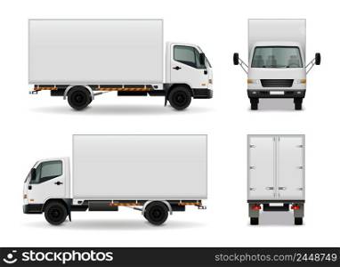 Lorry with blank surface realistic advertising mockup side view, front and rear on white background vector illustration. Lorry Realistic Advertising Mockup