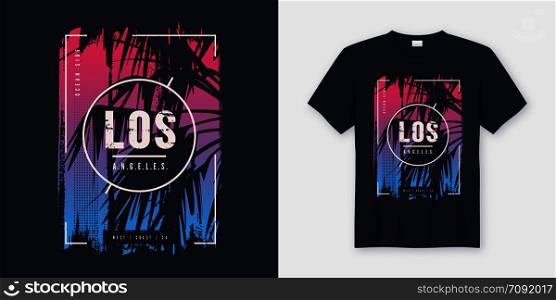 Los Angeles California graphic tee vector design with palm tree silhouette. Global swatches.