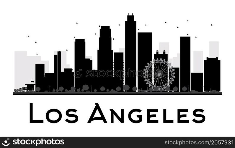 Los Angeles City skyline black and white silhouette. Vector illustration. Simple flat concept for tourism presentation, banner, placard or web site. Business travel concept. Cityscape with famous landmarks