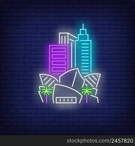 Los Angeles Music Center and city buildings neon sign. Sightseeing, tourism, travel design. Night bright neon sign, colorful billboard, light banner. Vector illustration in neon style.