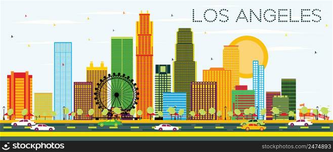 Los Angeles Skyline with Color Buildings and Blue Sky. Vector Illustration. Business Travel and Tourism Concept with Modern Architecture. Image for Presentation Banner Placard and Web Site.