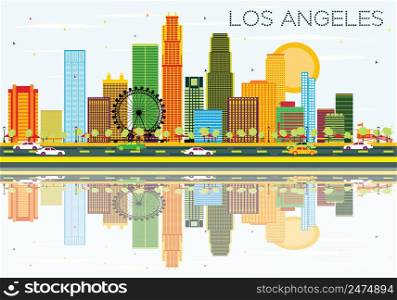Los Angeles Skyline with Color Buildings, Blue Sky and Reflections. Vector Illustration. Business Travel and Tourism Concept with Modern Architecture. Image for Presentation Banner Placard and Web Site.