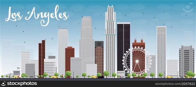 Los Angeles Skyline with Grey Buildings and Blue Sky. Vector Illustration