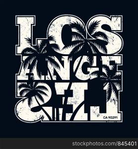 Los Angeles tee print with palm trees. T-shirt design, graphics, stamp, label, typography.. Los Angeles tee print with palm trees. T-shirt design, graphics,