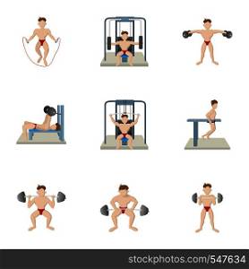 Lose weight at gym icons set. Cartoon illustration of 9 lose weight at gym vector icons for web. Lose weight at gym icons set, cartoon style