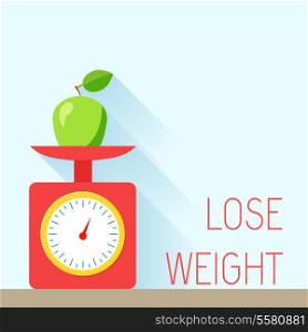 Lose weight diet body balance poster with scales and apple vector illustration