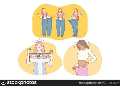 Losing weight, slim, diet, figure, good shape, weight loss, beauty concept. Young positive women cartoon characters feeling happy and glad to feel too slim for clothes and see reducing in weight . Losing weight, slim, diet, figure, good shape, weight loss, beauty concept