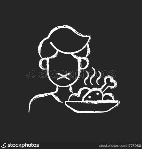 Loss of appetite chalk white icon on dark background. Restriction in food. Symptom of heatstroke. Anorexia sign, lack of hunger. Man refuses meal. Isolated vector chalkboard illustration on black. Loss of appetite chalk white icon on dark background